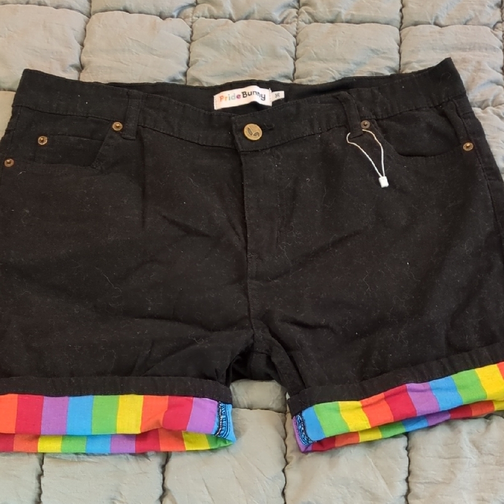 Black and Red Jean Shorts with Rainbow Cuff